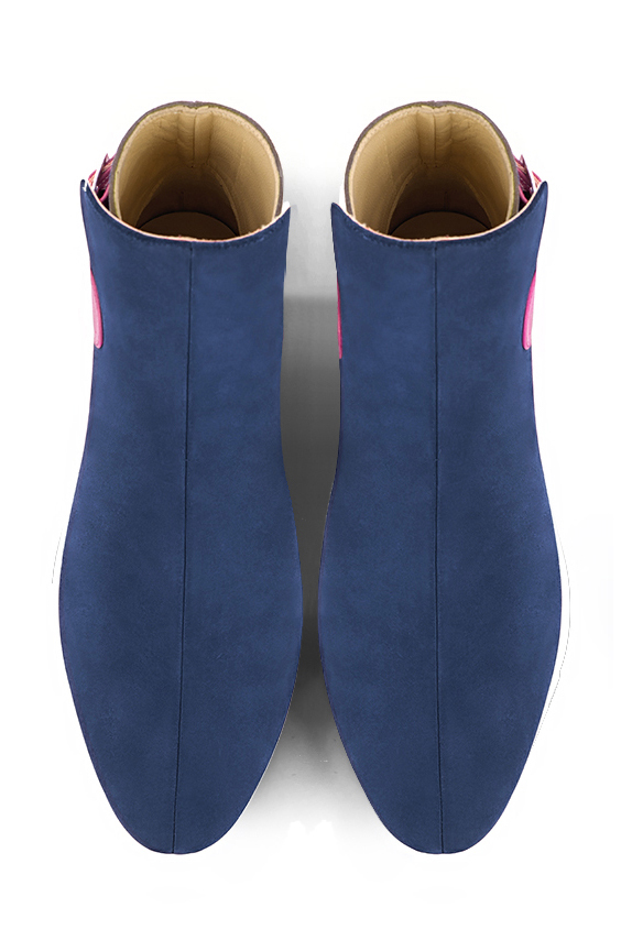 Prussian blue, dove grey and fuschia pink women's ankle boots with buckles at the back. Round toe. Flat block heels. Top view - Florence KOOIJMAN